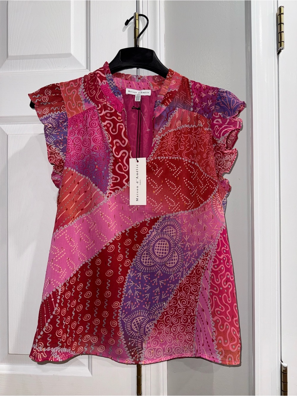 Maeve Pink & Red Patchwork Ruffle-Sleeve Blouse